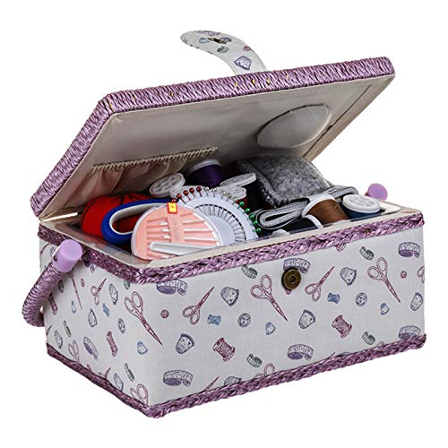 Large Wooden Sewing Box with Accessories Sewing Storage and Organizer with Complete Sewing Kit Tools, White Purple Sewing Basket with Removable Tray and Tomato Pincushion for Sewing Mending