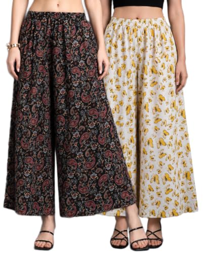 Image of Women Printed Palazzo Pants Combo Pack of 2, Comfortable Elastic Waist Lounge Pants for Women | Relaxed Fit, Loose Fitting Wide Leg Palazzo Pants, Casual Bottom (Available in S to 3XL Size)