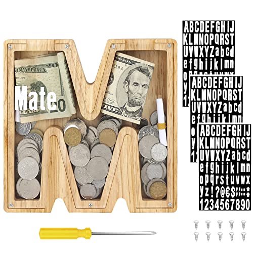 Wooden Piggy Bank, 15 in 1 Personalized Piggy Bank for Boys Girls, Letters Coin Bank Money Box Bank with 3 Stickers and 10 Screws kit for Christmas Birthday Gifts Home DIY Letter Numbers Decoration(M)