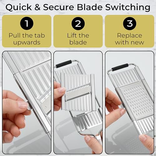 Image of Gramercy Handheld Mandoline Slicer for Kitchen - Stainless Steel Veggie & Fruit Slicer with 4 Blades - Slicer, Julienne & Grater; Cut Resistant Safety Glove & Cleaning Brush Included; Dishwasher Safe