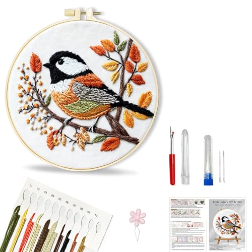 Image of Huacan Embroidery Kit for Beginners Adults Includes Stamped Bird Pattern, Hoop, Color Threads,Tools,Easy to Follow Instruction