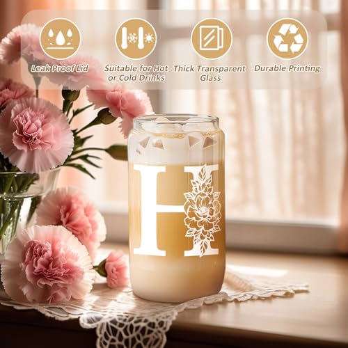 Image of Coolife Initial Glass Cup, Monogrammed Gifts for Women, 16 oz Tumbler w /Lid | Iced Coffee Smoothie Beer Tumbler w /Straw Lid - Personalized Christmas, Birthday Gifts for Woman Her Mom Friend