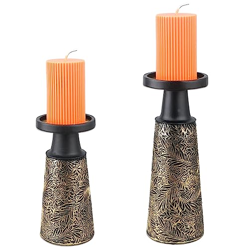 MILIVIXAY Large Pillar Candle Holder Set of 2-Resin Candle Stand Farmhouse Tall Candle Holder Mantel Decorations Coffee Table Centerpieces for Dining/living Room.