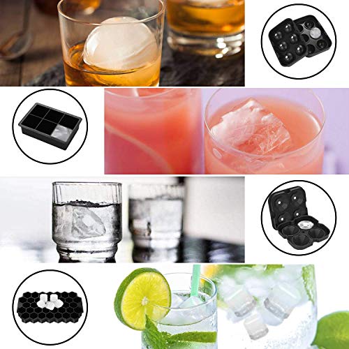 Ice Cube Molds Easy-Release Silicone and Flexible trays, 4 pack include Sphere Ice ball Maker,Large Square Ice Cube, Diamond Ice Make, and 37-ice Trays with Lid, BPA Free (4, Black)