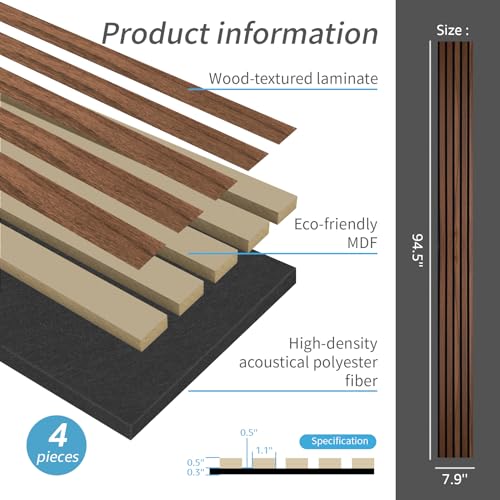 Image of Art3d 4-Pack Soundproof Wood Slat Wall Panels, 94.5 x 7.9 Inch, Dark Walnut