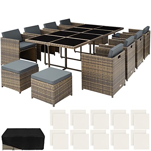 TecTake 800674 Salon de Jardin Résine Tressée et Aluminium 12 Personnes, encastrable, Fauteuils et Tabourets, Table avec Plateau en Verre, Coussins d'Assise et Dossier, Housse (Marron Naturel)