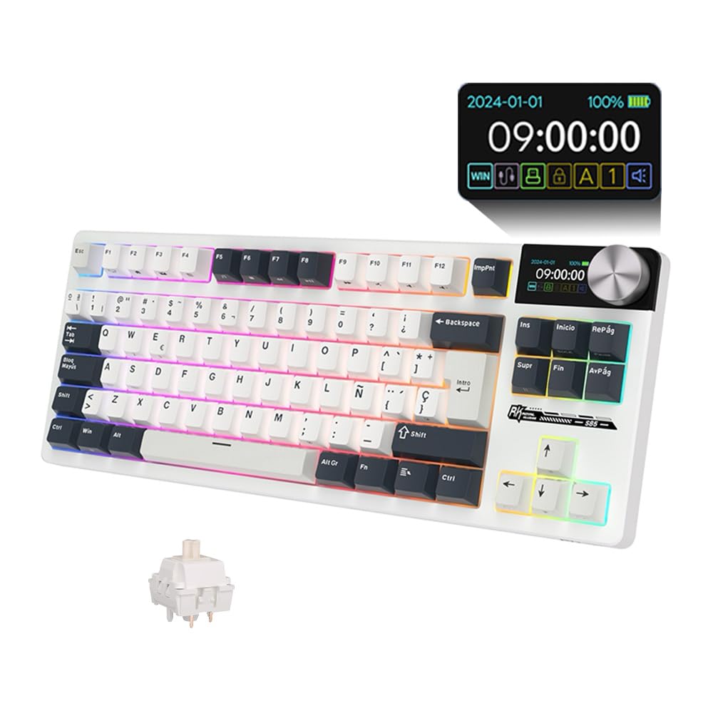 RK Royal KLUDGE RK S85 -Teclado Mecánico Español -Teclado Inalámbrico Gaming 80% -ISO-ES- Bluetooth/2.4G/USB-C- Hot Swap- Pantalla LCD- RGB-Mac/Windows-Mod. White Night/Switch Táctil Beige(Brown).
