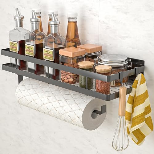 Dreamhigh Especiero pared Cocina, Organizador Especias Cocina con 4 Ganchos Extraíbles y Soporte para Especias, Latas, Tarros, Utensilios de Cocina - (35cm, Negro)