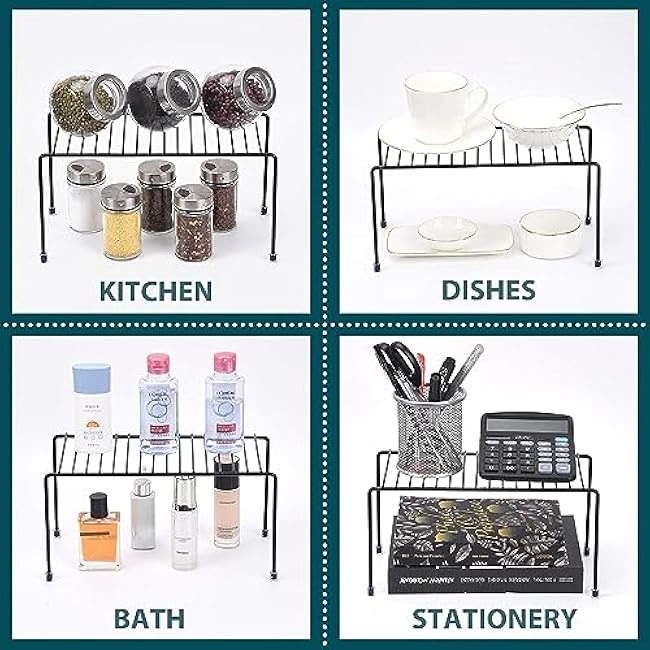 Mini Kitchen Shelves - Cabinet Storage Shelf Rack, Organization for Kitchen, Bathroom, Pantry, Desk & Home Office - Non-Slip Plastic Feet (Black, Set of 6)