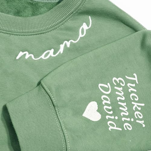 Custom Embroidered 380GSM Mama Sweatshirts with Kids Name on Sleeve for Women, Personalized Gifts for Mom, Customized Crew Neck Sweater, For Mother, Grandma, Auntie2