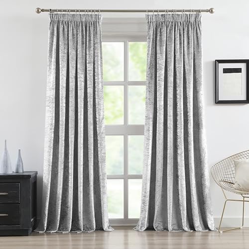 Bujasso Silver Crushed Velvet Pencil Pleat Room Darkening Window Curtain Panels 90 inches Long Microfiber Lining Light Blocking Window Drapes for Living Room Set of 2 Panels W66 x L90 Sliver