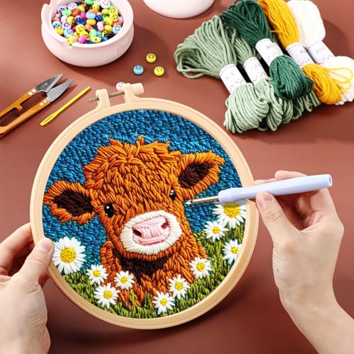 Image of Hahafelt 3 Sets Punch Needle Kits, Punch Needle Kits for Adults Beginner, Highland Cow Daisy Flower Horse Punch Needle Tool with Punch Needle Fabric, Hoops, Yarns and Sewing Needles