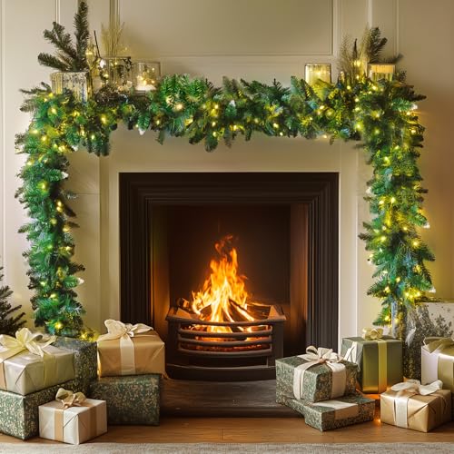 33FT/10M Christmas Garland with Lights, Xmas Garlands for Stairs Fireplace Front Door Table Porch Arch Mantle Garden Gate staircase,Light Up Artificial Wreath Home Outdoor Decoration,200 LED Lights