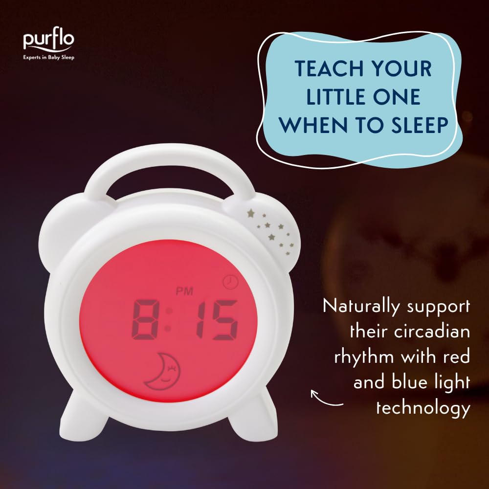 PurFlo Snoozee Horloge d'apprentissage du sommeil pour tout-petits | Veilleuse rechargeable rouge et bleue avec icônes soleil et lune, affichage numérique 12 heures, luminosité réglable pour l'heure