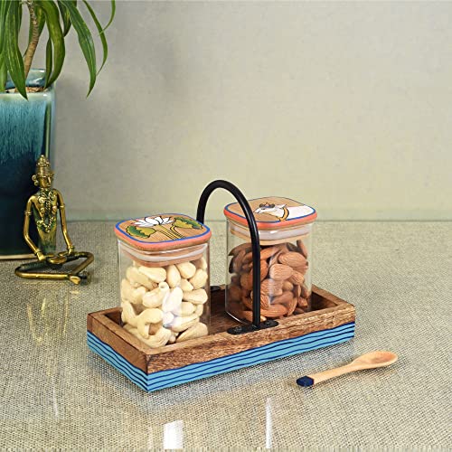 Image of AAKRITI ART CREATIONS Pichhwai Iteeha Nuts Storage Jars S02 | Handcrafted Pichhwai Art Storage Jars | Kitchen Decoration Items Stylish Tray & Jars | Airtight Kitchen Containers