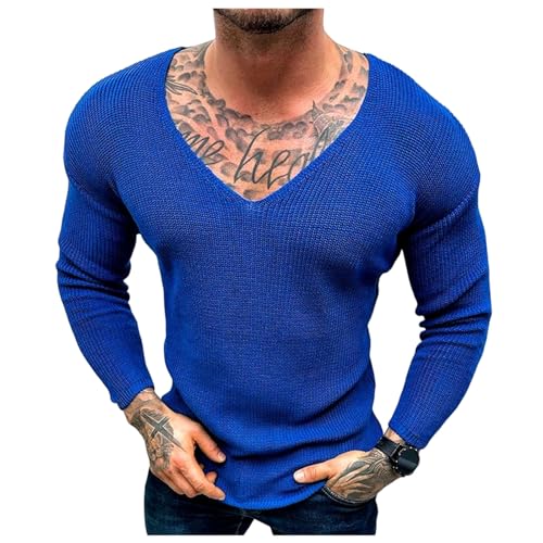 evzosrz Men Knitted Sweaters Gothic Retro Deep V Neck Long Sleeve Pullover Sweater Lightweight Jumpers Ripped Pullovers