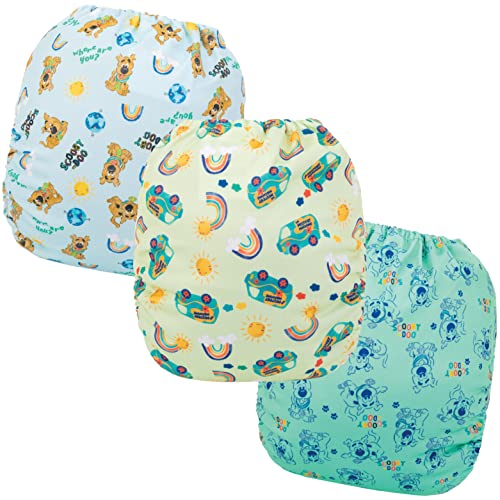 Image of Simple Being Reusable Baby Cloth Diapers Adjustable Size, Double Gusset, Waterproof Cover, 3 Pack with 3 Inserts Scooby Doo (Sunshine Doggy)