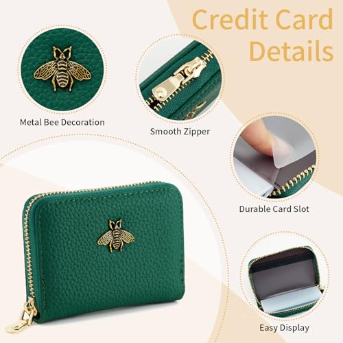 Image of WOZEAH Leather Credit Card Holder for Women Wallet RFID Blocking Zipper Wallet Card Case Business(Green)