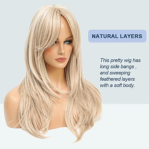 Blonde Wig with Bangs Honey Blonde Wigs for Women Long Slight Curly Layered Synthetic Wig for Daily and Party Wear - Image 2