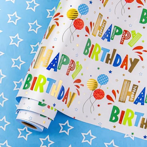Birthday Wrapping Paper Roll, Reversible Blue Wrapping Paper Colourful Gift Wrap Paper for Birthday,Baby Shower，Shiny Wrapping Paper – 17 Inches x 32.8 Feet Blue Stars
