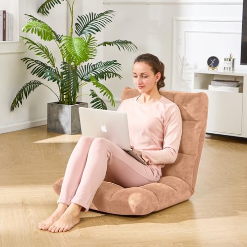 Image of Folding Floor Gaming Chair 14-Poistion Cushioned Adjustable Floor Lazy Sofa Chair w /Breathable Cotton & Skin-Friendly Flannel for Adults & Kids Perfect for Reading Gaming Meditating, Camel