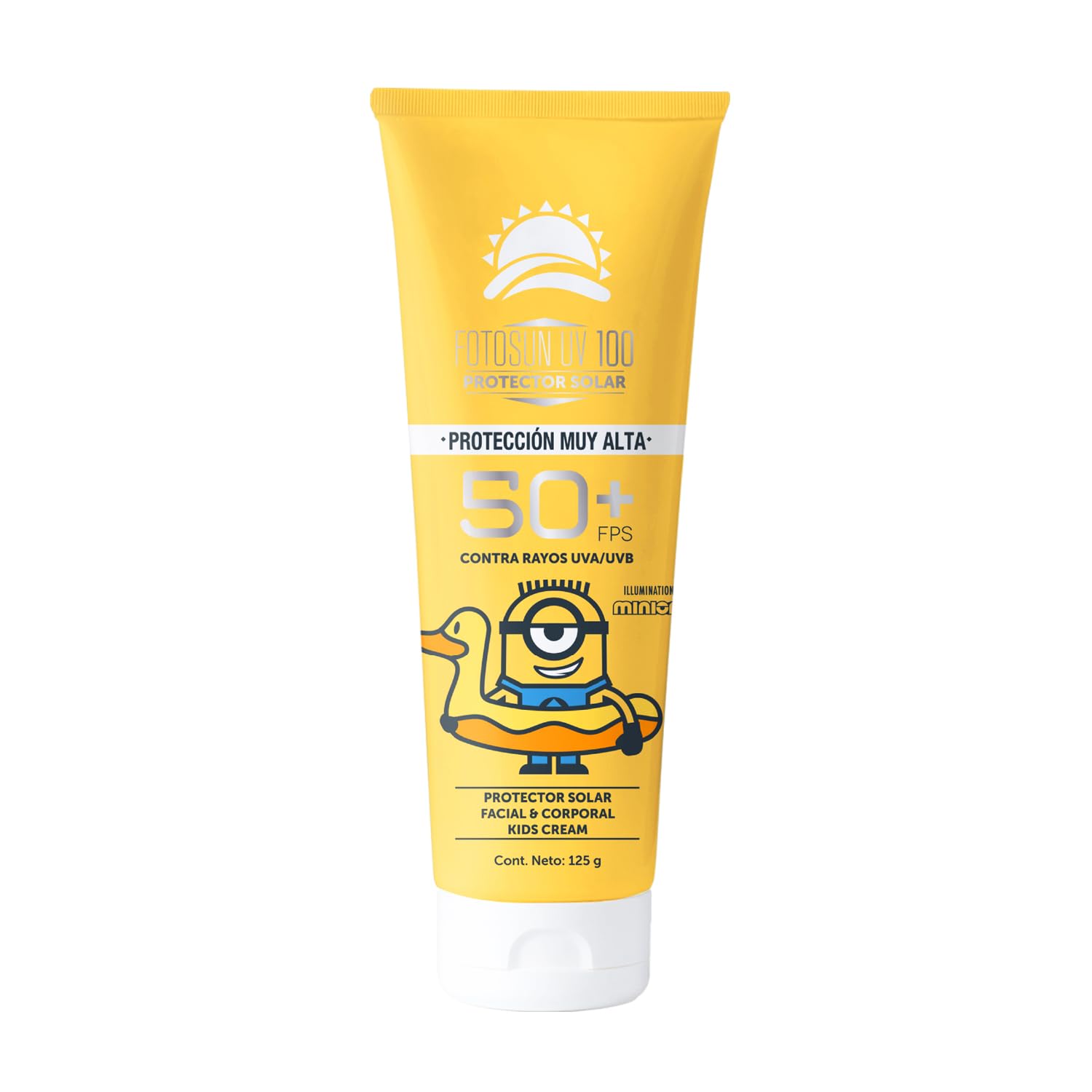 FOTOSUN UV 100 Kids Minions Protector Solar Crema SPF 50+ 125 ml Aroma Piña Coco – Bloqueador Solar para Niños Alta Protección UVA/UVB, Protector Solar Corporal Hidratante Ideal para Ciudad,Playa, Escuela y Actividades al Aire Libre