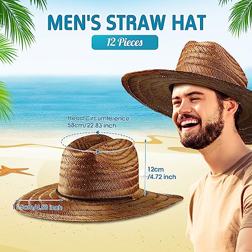 Funtery 12 Pack Straw Hat for Men Summer Large Brim Farmer Beach Sun Protection Straw Hat with Lanyard(Brown)