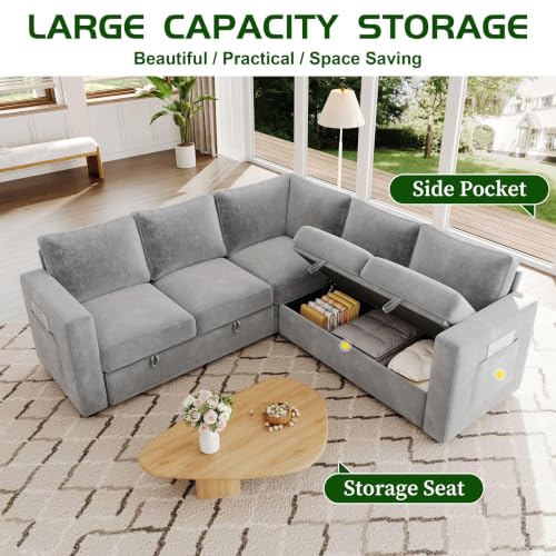 Image of 83.5 inch Chenille Sectional Sleeper Sofa, Pull Out Couch with Storage, Gray | 5 Seat Comfy Couches for Living Room, Apartments, or Guest Spaces; Sectionals Modular Sofa Design, Comfortable Seating.