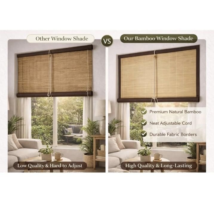 Image of BambooAura Natural Bamboo Roll-Up Window Shade Blind | Light Filtering Bamboo Chick Curtain | Eco-Friendly Sun Protection (4ft x 7ft - W x H) (Natural Beige with Dark Green Border, (4ft x9ft -W x H))
