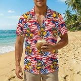 Men's Funny Tactical Rubber Duck Hawaiian Shirt - American Flag Short Sleeve Button Down Aloha Top - Patriotic Summer Vacation 4th of July BBQ Casual Wear - X-Large