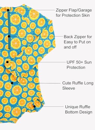 Image of Baby Toddler Girl Long Sleeve Ruffle Swimsuit One Piece Zipper Rash Guard Bathing Suit with UPF 50+ Sun Protection