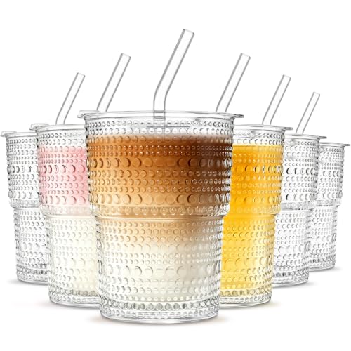 Image of INSETLAN Iced Coffee Cups with Lids and Straws, 13 oz Hobnail Glass Tumbler