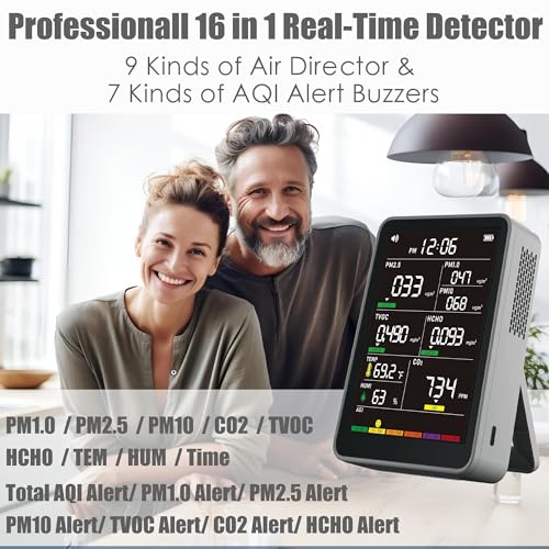Image of Professional Indoor Air Quality Monitor with AQI Alerts, Portable Real-Time Detector for Home, Car, Plants & Pet (Gray)