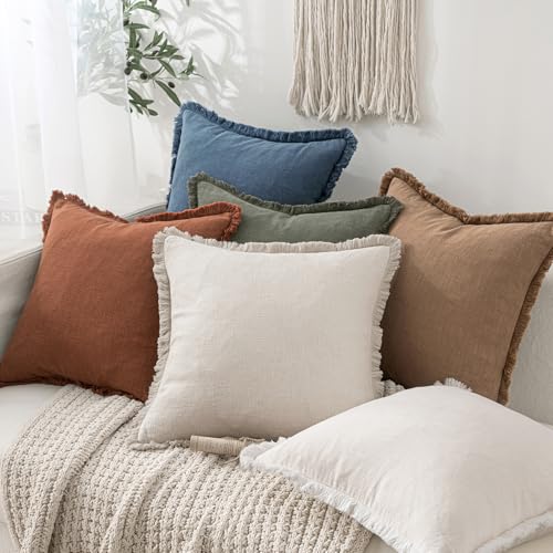 Image of MIULEE Decorative Lumbar Throw Pillow Covers Neutral Linen Fringe Throw Pillows Set of 2 Blue Ashes Boho Farmhouse Cushion Covers for Couch Sofa Bed Living Room Spring Home Decor 12x20 Inch