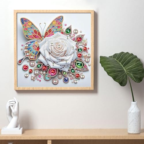 Image of 5D Special Shape Diamond Art Kits for Beginners, Diamond Painting Kits for Adults, Crystal Rhinestones Diamond Painting for Home Wall Decoration Gift 12x12 inch /30x30 cm, Butterfly and White Rose