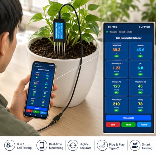 Image of 8-in-1 NPK Soil Tester | Digital Meter for pH, Moisture, Temperature, EC, Nitrogen, Phosphorus, Potassium & Fertility | USB Data Logging | for Garden, Farm, Lawn & Indoor Plants
