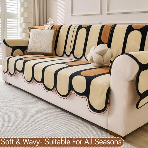 Image of HOKIPO 'Moderna Curves' Complete Sofa Cover Set (Seat+Back+Arm) for 3 Seater Sofa | All Season Sofa Cover Mat with Anti Slip Backing, Oyster Beige (AR-6125+AR-6120 * 2+AR-6309 * 3)