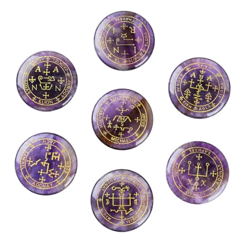 dssmboom Set of 7 Polished Amethyst Crystal Engraved Magic Archangel Symbols Wicca Stones for Meditation Chakra Balancing, Collectible & Decorative Pocket Worry Palm Stone for Home Decor