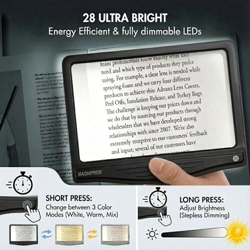 Image of MagniPros 5X Rechargeable Large Ultra Bright LED Page Magnifier with Anti-Glare Lens & 3 Color Dimmable Light Modes, Relieve Eye Strain- Ideal for Reading Small Prints, Low Vision, Seniors