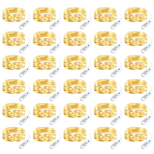 Image of Minetom 30 Pack Warm White Battery Operated Fairy String Lights 8 Modes | 7ft 20LED Waterproof Silver Wire Twinkle Lights, Firefly Starry Moon Lights for Mason Jars DIY Christmas Wedding Part