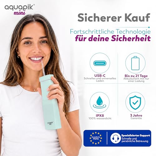 Aquapik® Mini tragbare, Kabellos Elektrische Munddusche Oral Irrigator 200 ml mit Teleskoptank, USB-C, 3 Druckstufen, IPX8 wasserdicht, leicht, ideal für Reisen und Büro, für gründliche Zahnreinigung