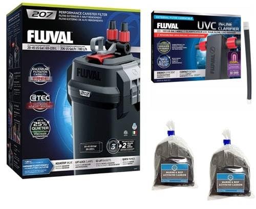 Fluval 207 Canister Filter w/Fluval UVC in-Line Clarifier Bundle (4 Items)