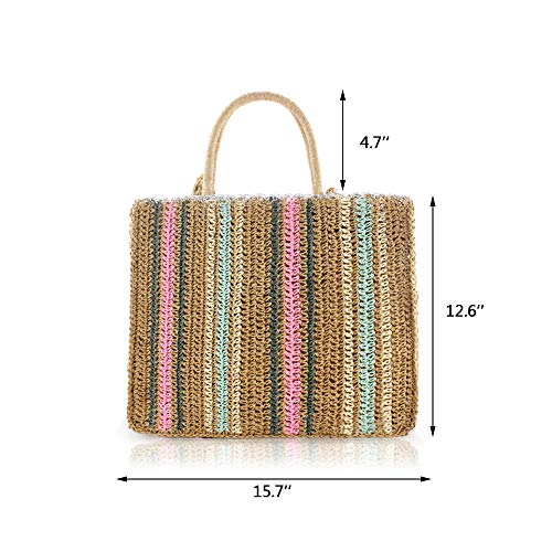 Fashion Women Straw Zipper Tote Bag Summer Beach Colorful Shoulder Bag with Woven Shoulder Strap2