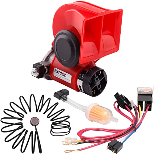 FARBIN Auto Horn Kit 12V 150db laute Luft Horn mit Kompressor,Kompakte Horn mit Relais Harness Taste für Auto LKW Jeep (12V, Rot Luft Horn mit Knopf)