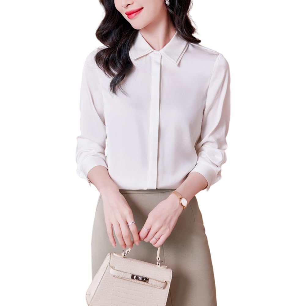 DISSA Camisa de seda para mujer con botones de manga larga blusa túnica de seda tops casuales de encaje de alas parte superior de color liso, S9651