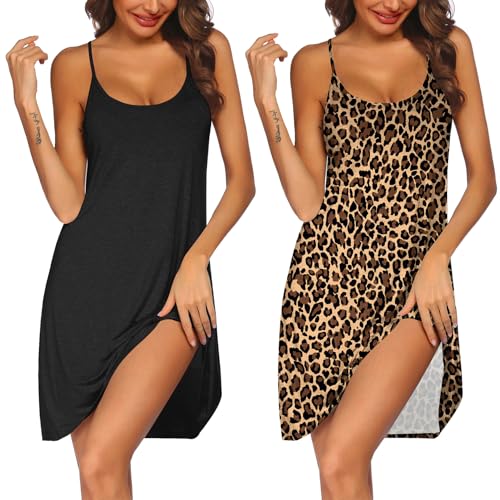 Image of Ekouaer 2 Pack Nightgown for Womens Nightshirt Sleepwear Sleep Tank Chemise Racerback Sleeveless Dress
