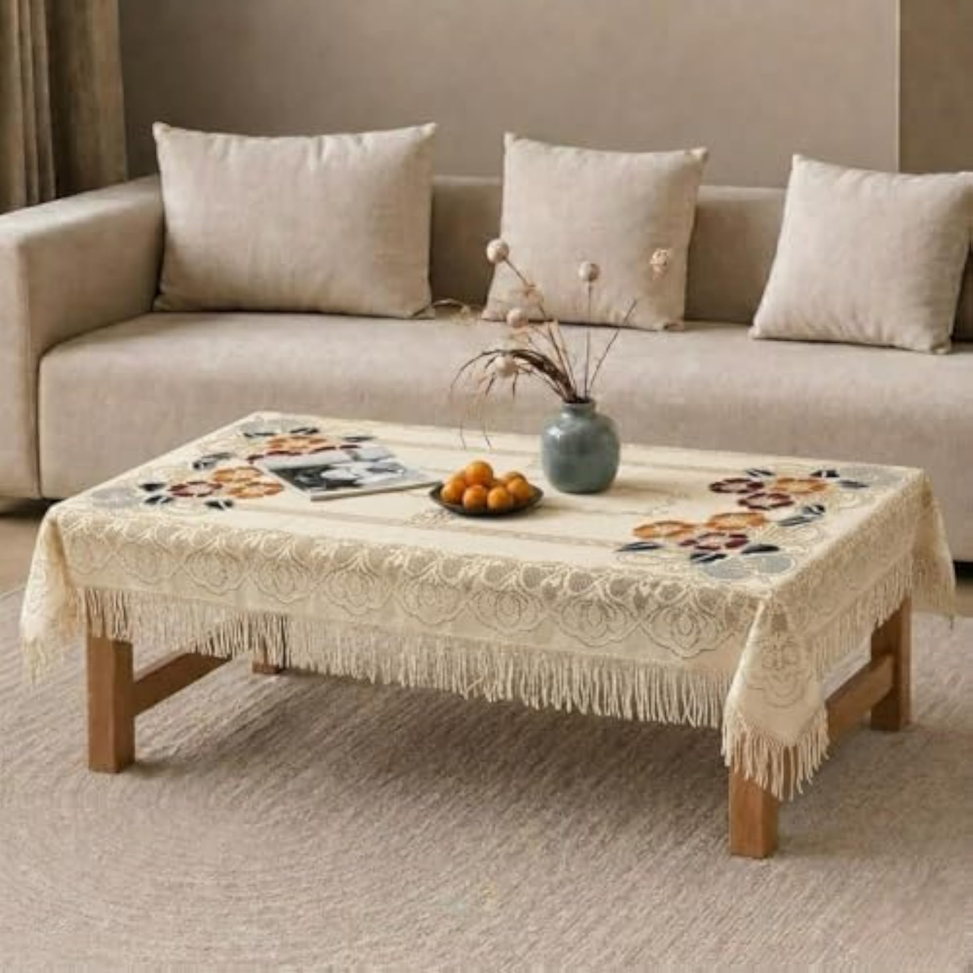 Cotton Net Embroidered Center & Dining Table Cover for 4 Seater