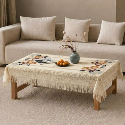Image of Cotton Net Embroidered Center & Dining Table Cover for 4 Seater | Rectangular 40x60 Inch | Lightweight & Washable Table Cloth | Pack of 1 (Cream)