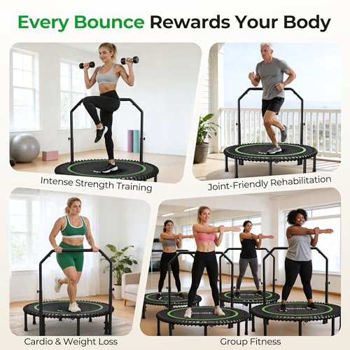 BCAN BT2 450/550LBS Mini Rebounder Trampoline for Adults with Bar, Fitness Trampoline with Bungees, Adjustable Handle, Stable & Quiet, Indoor Outdoor, Whole-Body Workout & Relaxation at Home-48IN-GRN by BCAN - Image 6