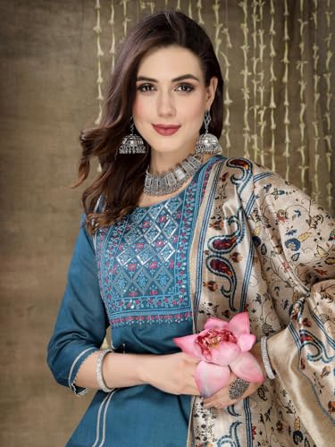 Image of Stylum Women's Embroidered Cotton Blend Straight Kurta Pant with Dupatta